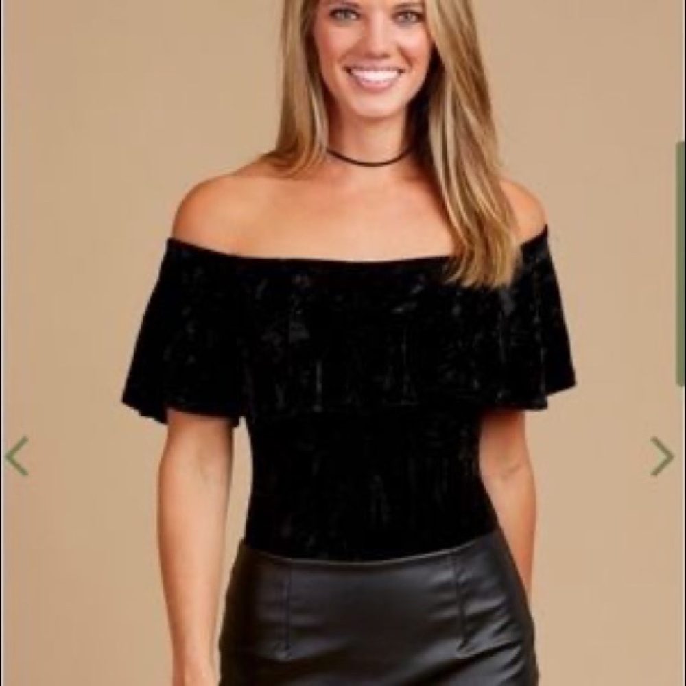black velvet ruffle off the shoulder bodysuit